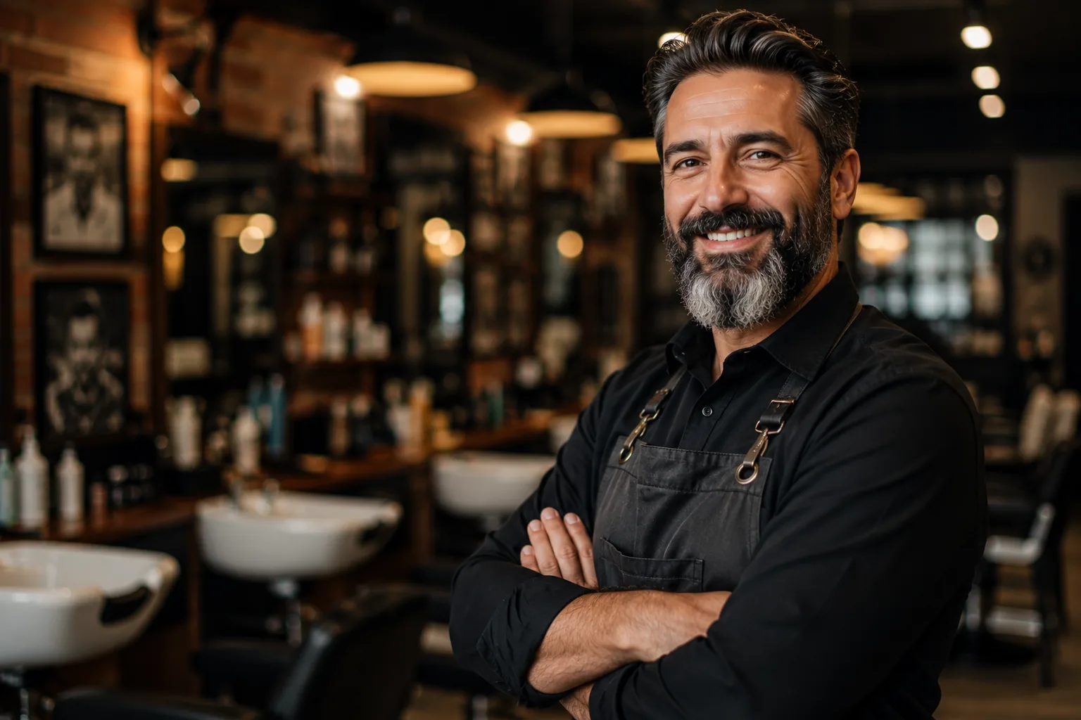 Barbeiro sorrindo, de braços cruzados, na barbearia