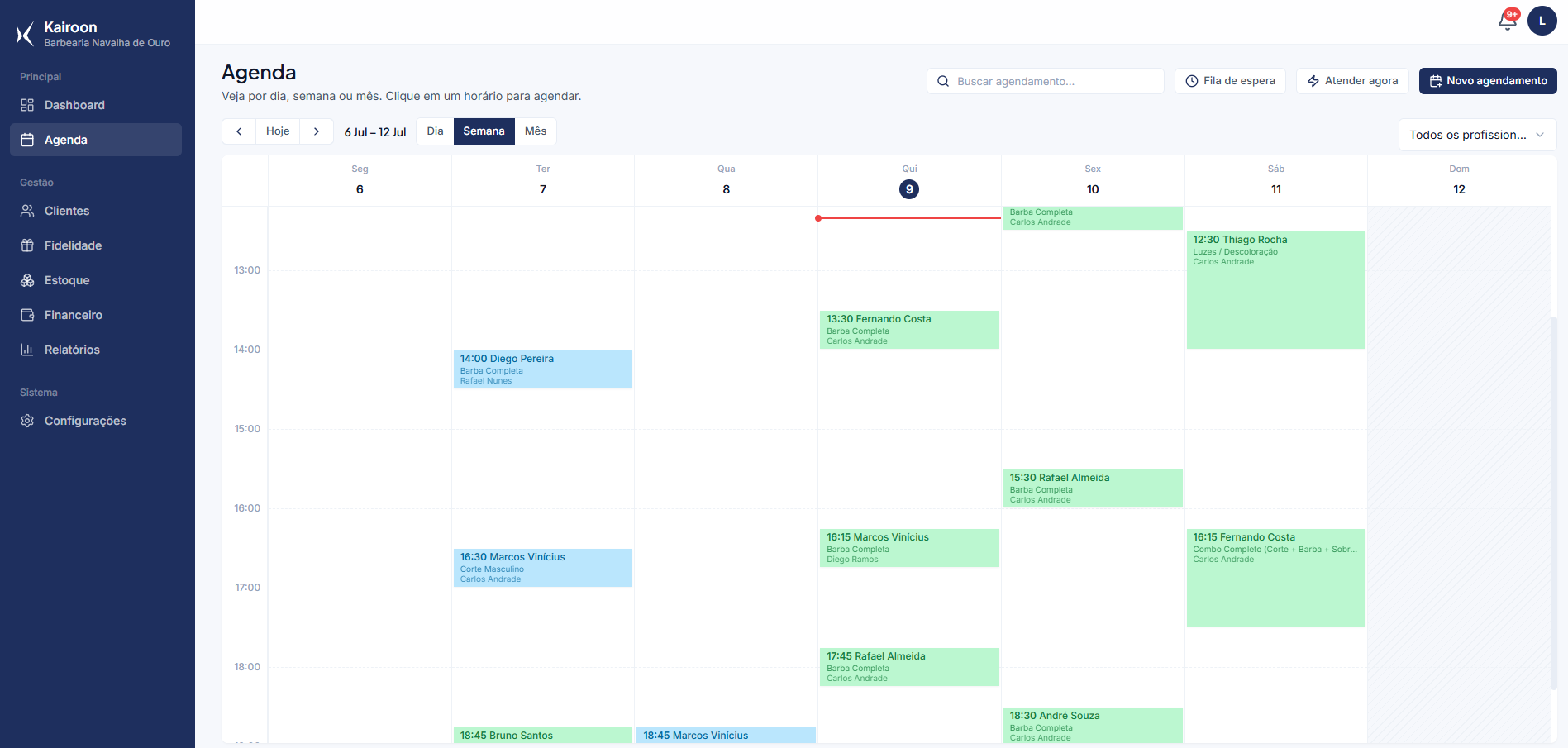 Tela da agenda da Kairoon mostrando a semana com horários preenchidos